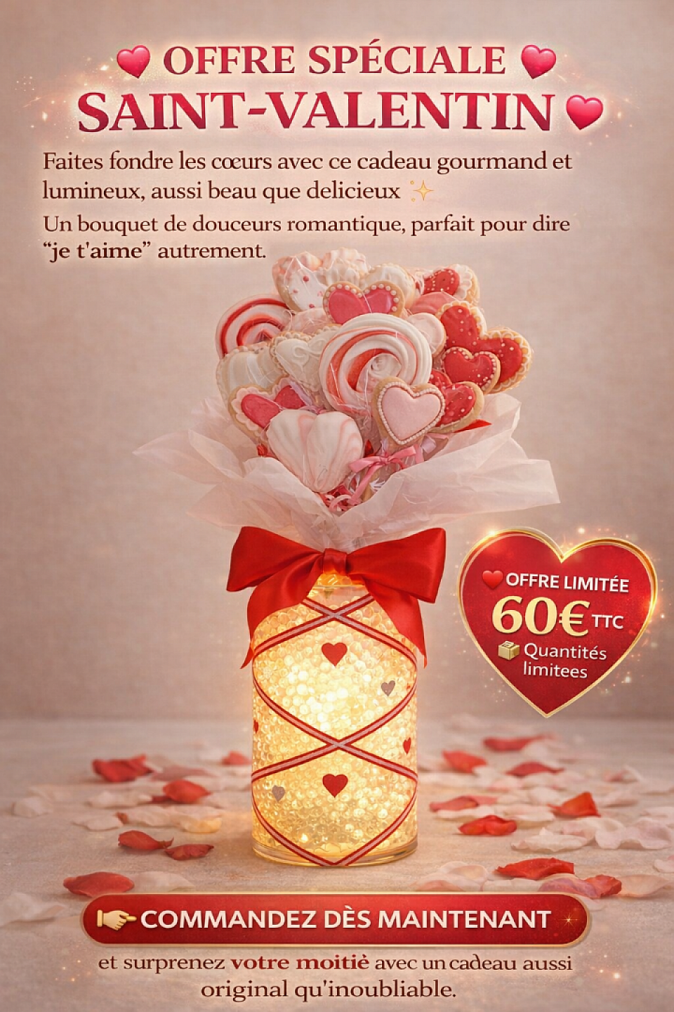 💝 OFFRE SPÉCIALE SAINT-VALENTIN 💝 Faites fondre les cœurs avec ce cadeau gourmand et lumineux, aussi beau que délicieux ✨ Un bouquet de douceurs romantique, parfait pour dire je t’aime autrement. ❤️ Offre limitée 💶 60€ TTC 📦 Quantités limitées 👉 Commandez dès maintenant et surprenez votre moitié avec un cadeau aussi original qu’inoubliable        Vase personnalisé par Design'Air spécial St Valentin : 20x12cm + Luminaire fil led à pile coloris blanc chaud+ Bille d'eau + 17 gourmandises  En partenariat avec 